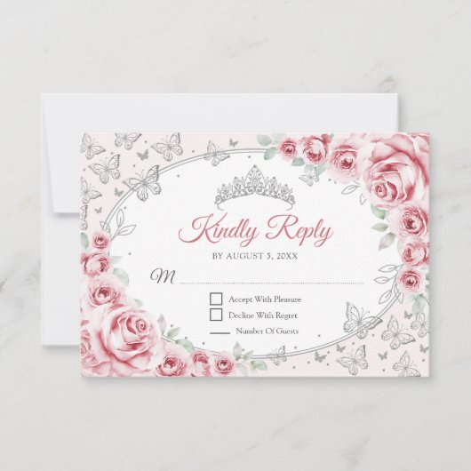 Pink Silver Quinceanera Reply RSVP Kaartje (Voorkant)
