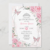 Pink Silver Roses Butterfly Quinceañera Birthday Kaart (Voorkant)