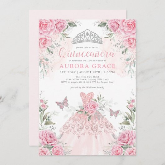 Pink Silver Rozen Princess Crown Quinceañera Kaart (Voorkant / Achterkant)