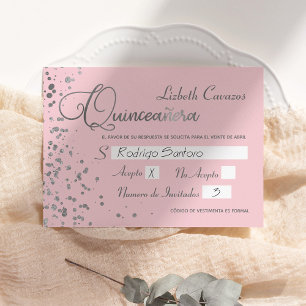 Pink Silver RSVP Quinceanera Spanish Response Kaar Kaart