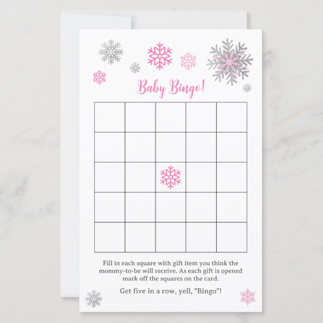 Pink Silver Snowflake Baby Shower Bingo Game  (Voorkant)