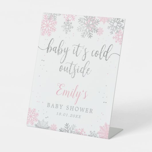 Pink Silver Snowflakes Baby shower Welkom Reclamebord Met Voetstuk (Voorkant)