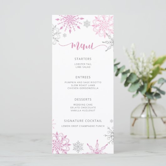 Pink Silver Snowflakes Elegant Baby shower Menu (Staand voorkant)