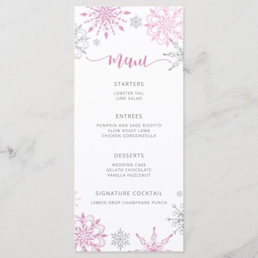 Pink Silver Snowflakes Elegant Baby shower Menu (Voorkant)