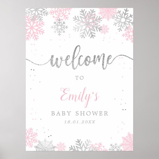 Pink Silver Snowflakes Meisje Baby shower Welkom Poster (Voorkant)