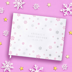 Pink Silver Snowflakes Winter Girl Baby shower Gastenboek