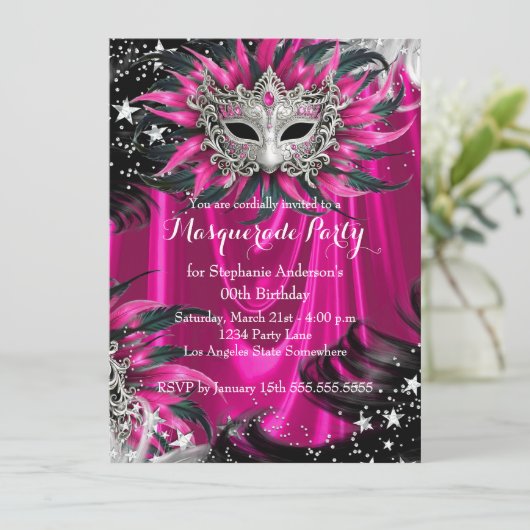 Pink Silver Sparkle Magical Night Masquerade Party Kaart (Staand voorkant)