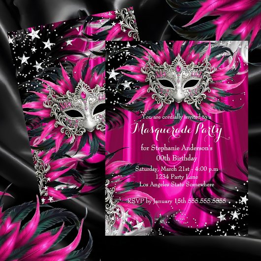 Pink Silver Sparkle Magical Night Masquerade Party Kaart