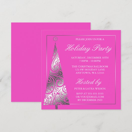 Pink Silver Swirl kerstboomfeest Kaart (Voorkant / Achterkant)