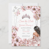 Pink Silver Tiara Butterfly Quinceañera Save The Date (Voorkant)