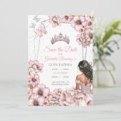 Pink Silver Tiara Butterfly Quinceañera Save The Date (Staand voorkant)