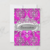 Pink Silver Tiara Damask Quinceanera Invite Kaart (Voorkant)