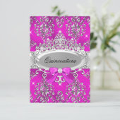 Pink Silver Tiara Damask Quinceanera Invite Kaart (Staand voorkant)