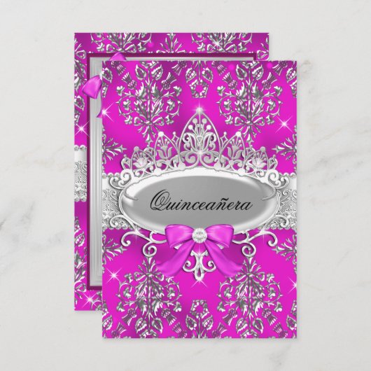 Pink Silver Tiara Damask Quinceanera Invite Kaart (Voorkant / Achterkant)