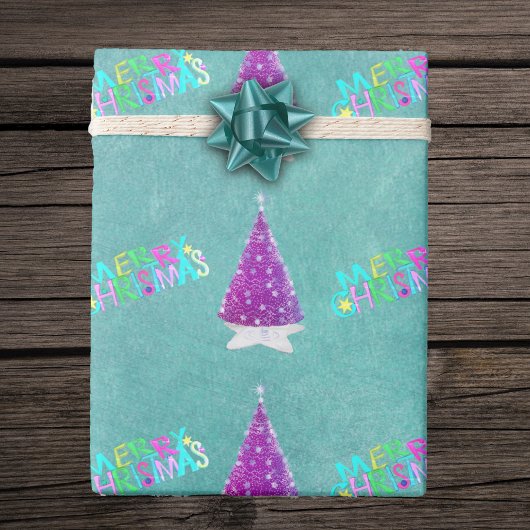 Pink Silver Trees Colourful Merry Christmas Teal Cadeaupapier