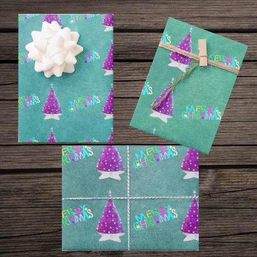 Pink Silver Trees Colourful Merry Christmas Text Inpakpapier Vel