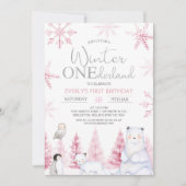 Pink Silver Winter Animals Onederland Birthday Kaart (Voorkant)