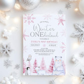 Pink Silver Winter Animals Onederland Birthday Kaart