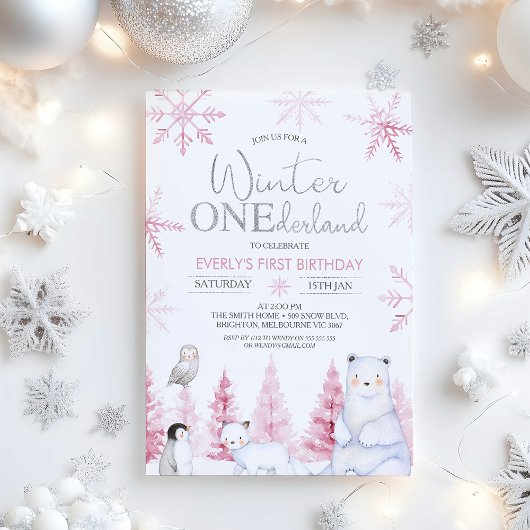 Pink Silver Winter Animals Onederland Birthday Kaart