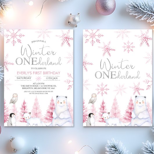 Pink Silver Winter Animals Onederland Birthday Kaart