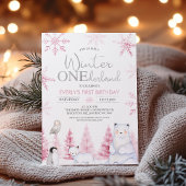 Pink Silver Winter Animals Onederland Birthday Kaart