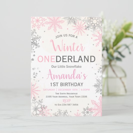 Pink Silver Winter ONEderland Birthday Invitation Kaart (Staand voorkant)
