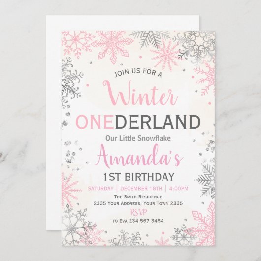 Pink Silver Winter ONEderland Birthday Invitation Kaart (Voorkant / Achterkant)