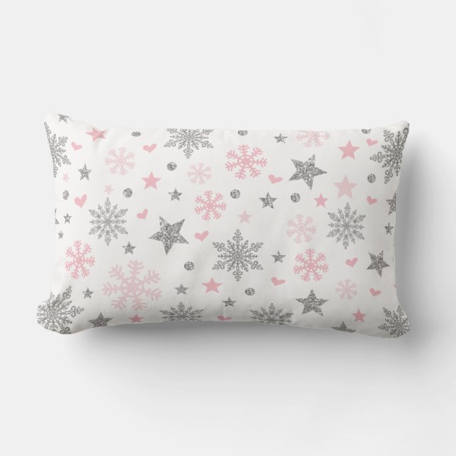 Pink Silver Winter Snowflake Baby Girl Nursery Kussen (Voorkant)