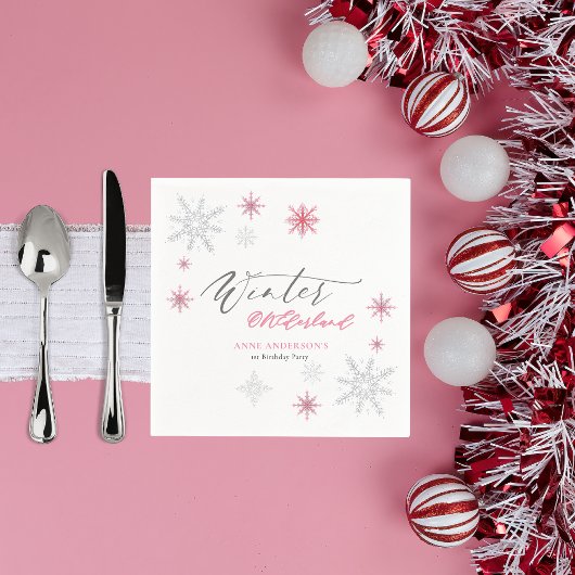 Pink Silver Winter Snowflakes 1st Birthday Servet