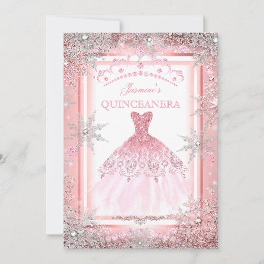 Pink Silver Winter Wonderland Quinceanera Party 2 Kaart (Voorkant)