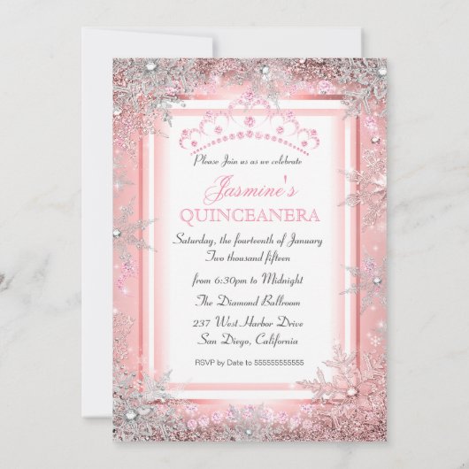 Pink Silver Winter Wonderland Quinceanera Party 2 Kaart (Achterkant)