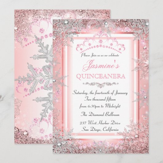 Pink Silver Winter Wonderland Quinceanera Party Kaart (Voorkant / Achterkant)