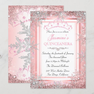 Pink Silver Winter Wonderland Quinceanera Party Kaart