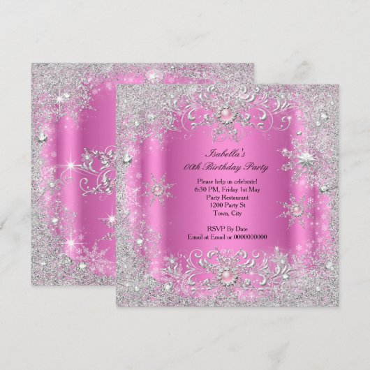Pink Silver Winter Wonderland Snowflakes Party Kaart (Voorkant / Achterkant)