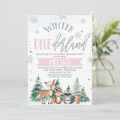 Pink Silver Woodland Onederland First Birthday Inv Kaart (Staand voorkant)