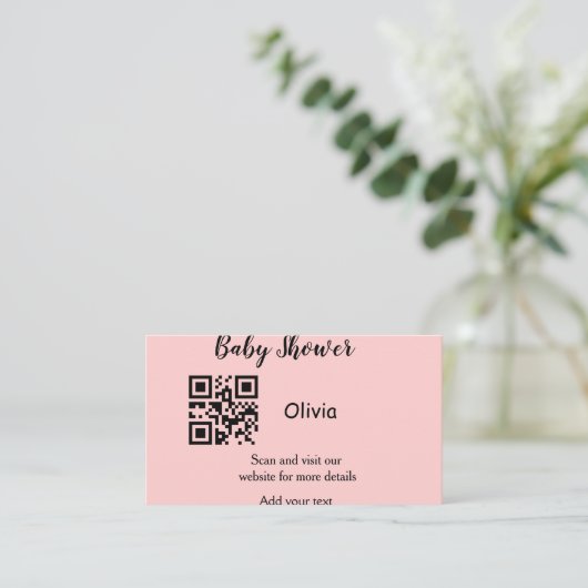 Pink simple baby shower q r code add name text thr visitekaartje (Staand voorkant)