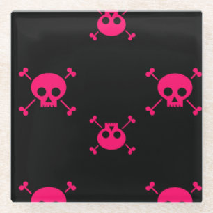 Pink skull and crossbones on black glazen onderzetter