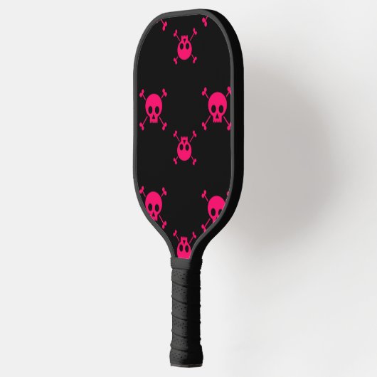 Pink skull and crossbones on black pickleball paddle (Links)