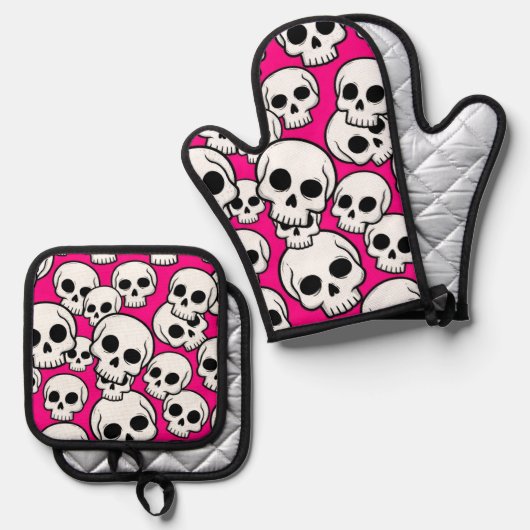 Pink Skull Pattern Ovenwant & Pannenlap Set (Voorkant / Achterkant)