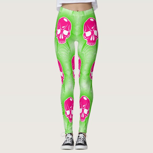 Pink Skull Trippy Line Pattern Leggings (Voorkant)
