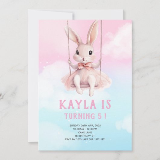 Pink Sky Bunny op Swing Verjaardag Uitnodiging Pas (Voorkant)