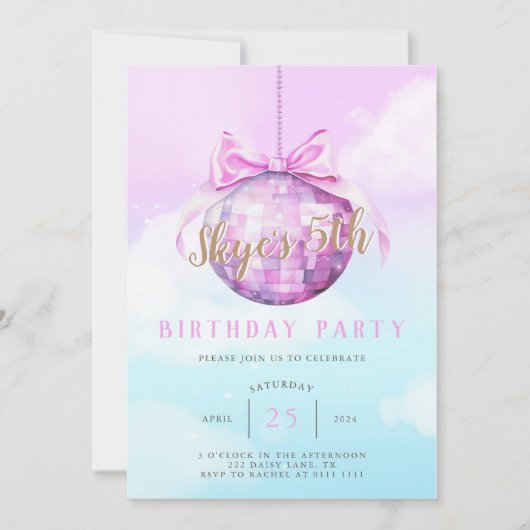 Pink Sky Discoball Meisje Verjaardag Uitnodiging (Voorkant)