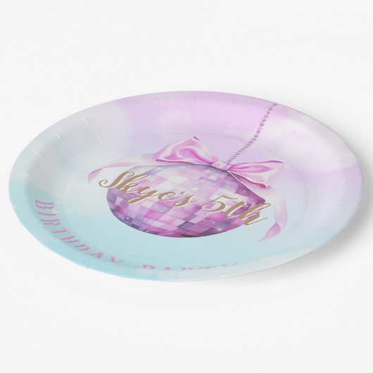 Pink Sky Discoball Meisje Verjaardag Uitnodiging Papieren Bordje (Gekanteld)