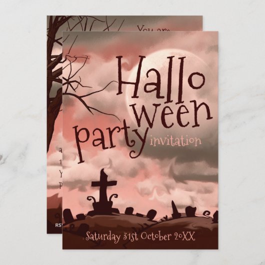 Pink Sky Halloween Graveyard Uitnodiging (Voorkant / Achterkant)