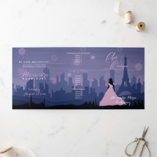 Pink & Slate Blue Paris Fireworks Quinceañera Drieluik Uitnodiging