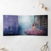 Pink & Slate Blue Paris Fireworks Quinceañera Drieluik Uitnodiging (Binnen)