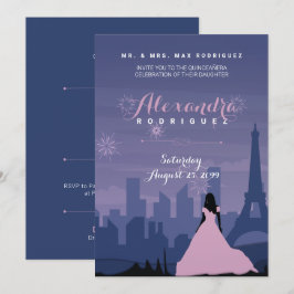 Pink & Slate Blue Paris Fireworks Quinceañera Kaart