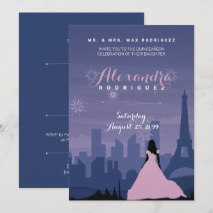 Pink & Slate Blue Paris Fireworks Quinceañera Kaart