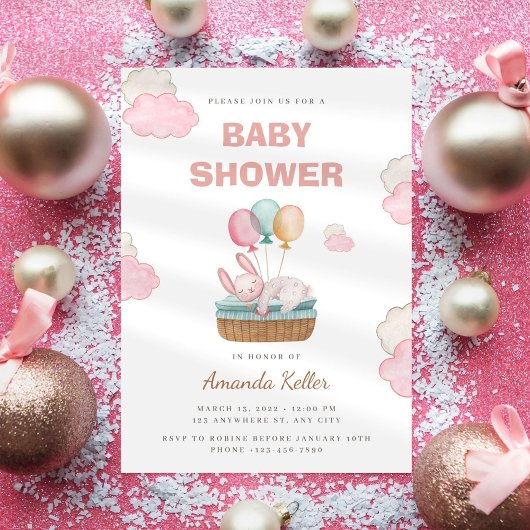 Pink Sleeping Bunny Baby shower Uitnodiging