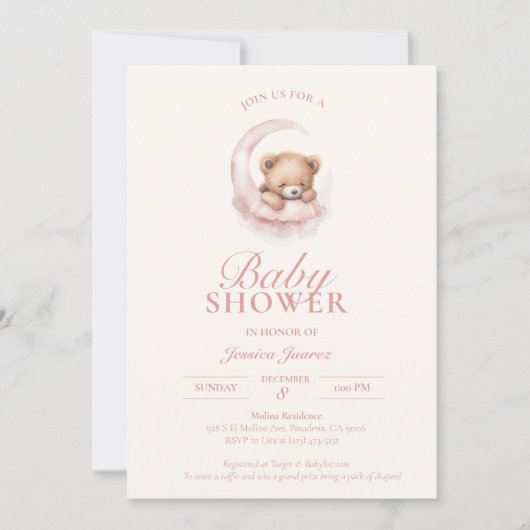 Pink Sleepy Teddy Bear Baby shower Uitnodiging (Voorkant)
